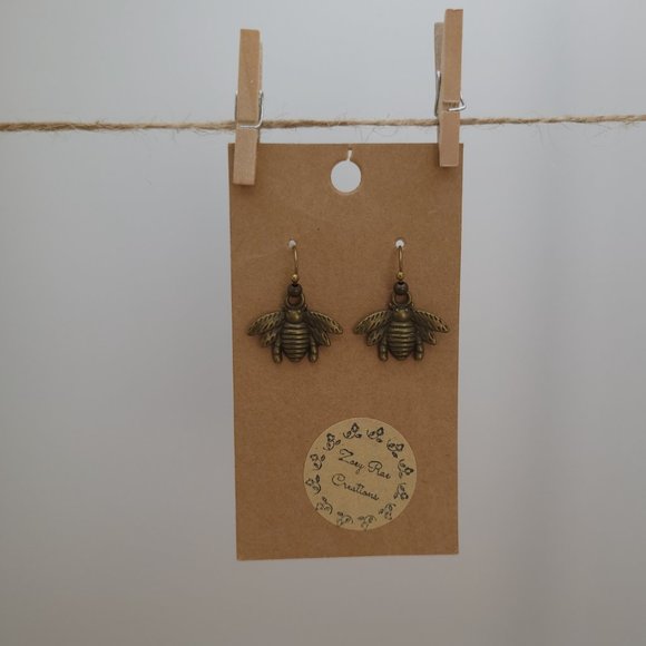Handmade Antique Bronze Earrings Metal Bumble Bee Hypoallergenic Dangle Hook - Picture 7 of 12
